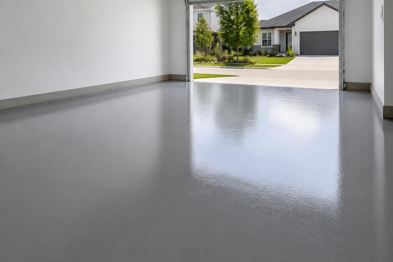 Solid Color Epoxy floor coating — Single-color gray epoxy garage floor with high-gloss finish