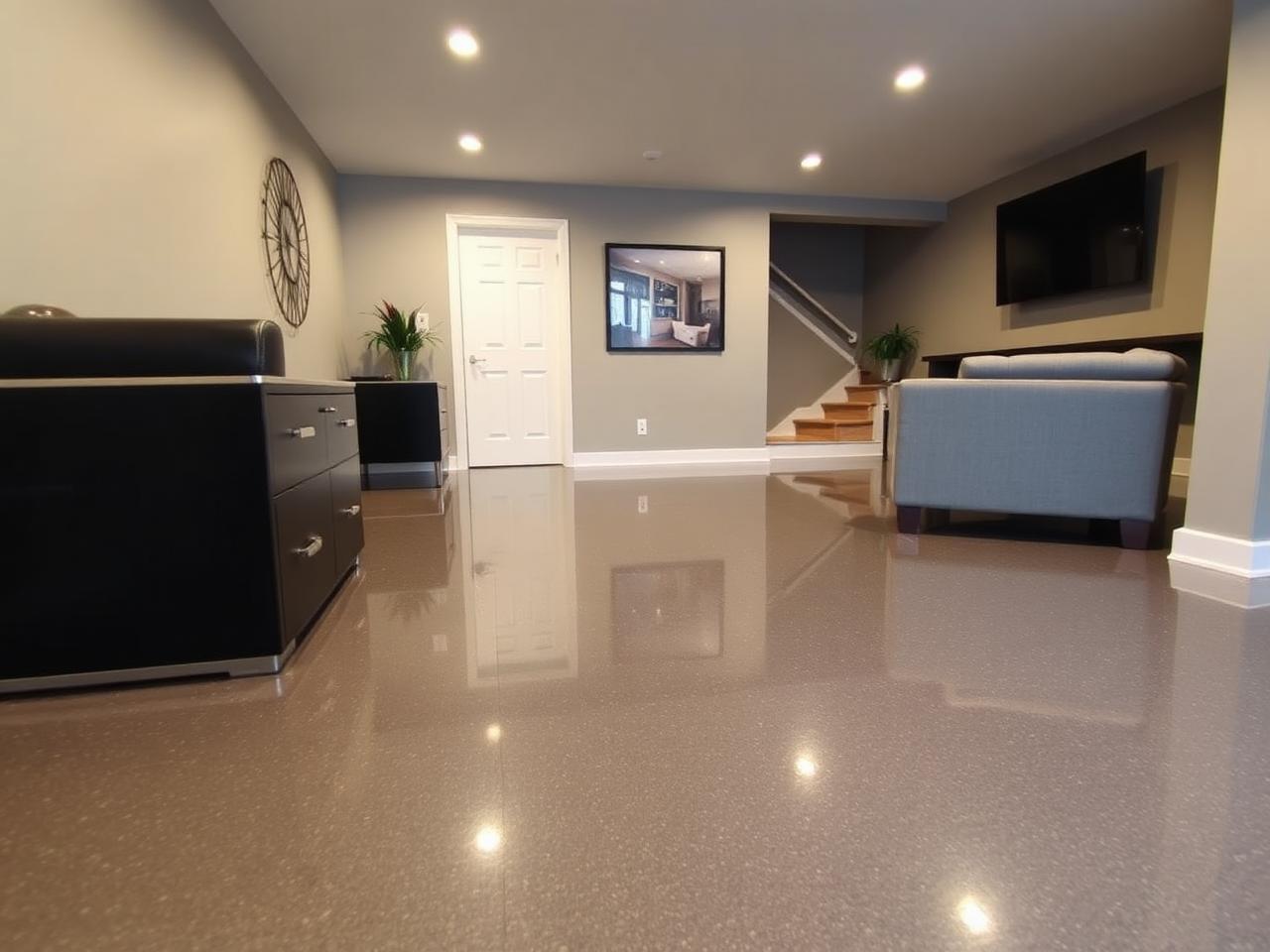 Concrete Coatings floor coating — Basement concrete floor coating with gray flake finish