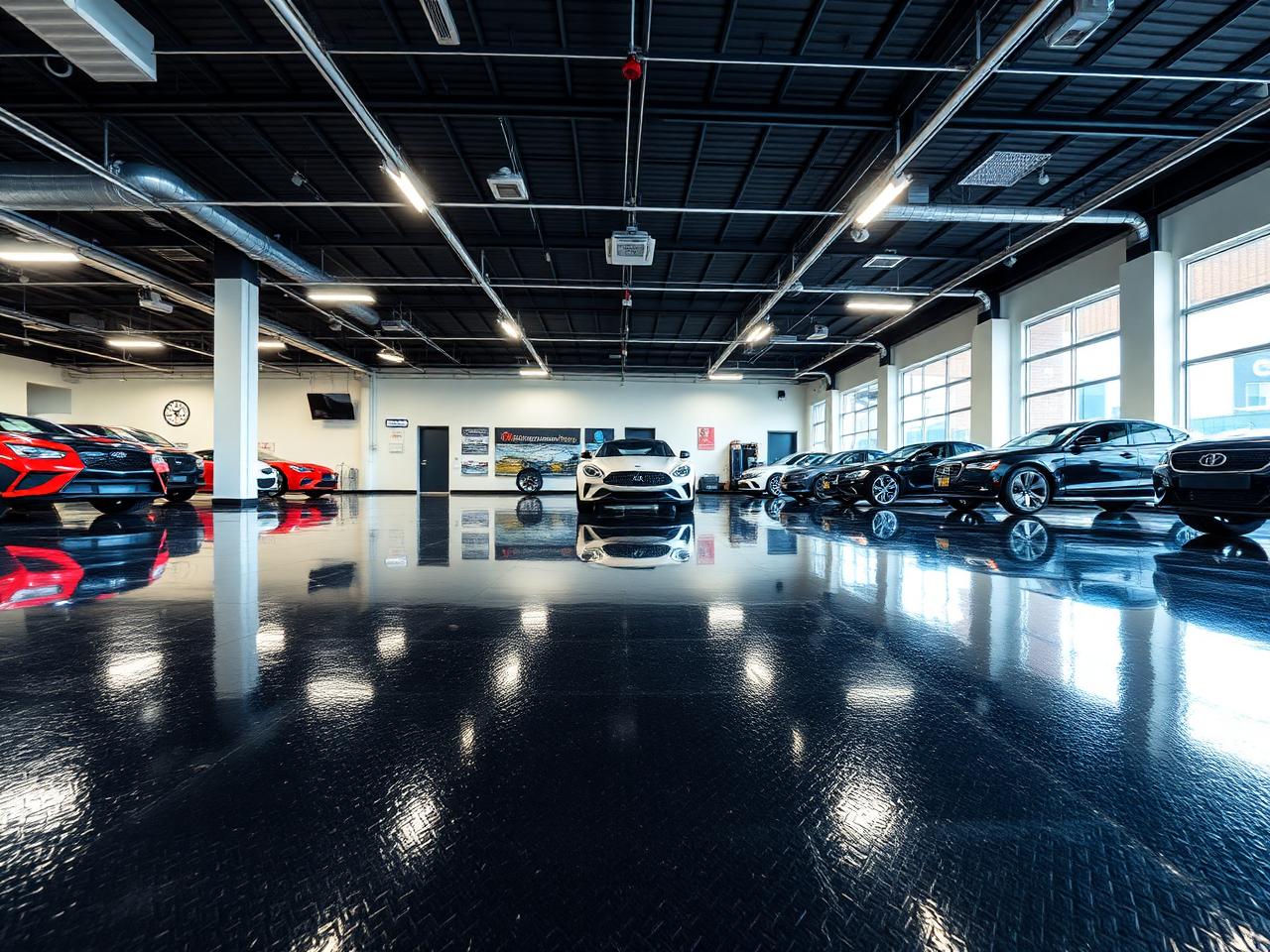 Commercial Flooring floor coating — Commercial epoxy showroom floor with high-gloss reflective finish